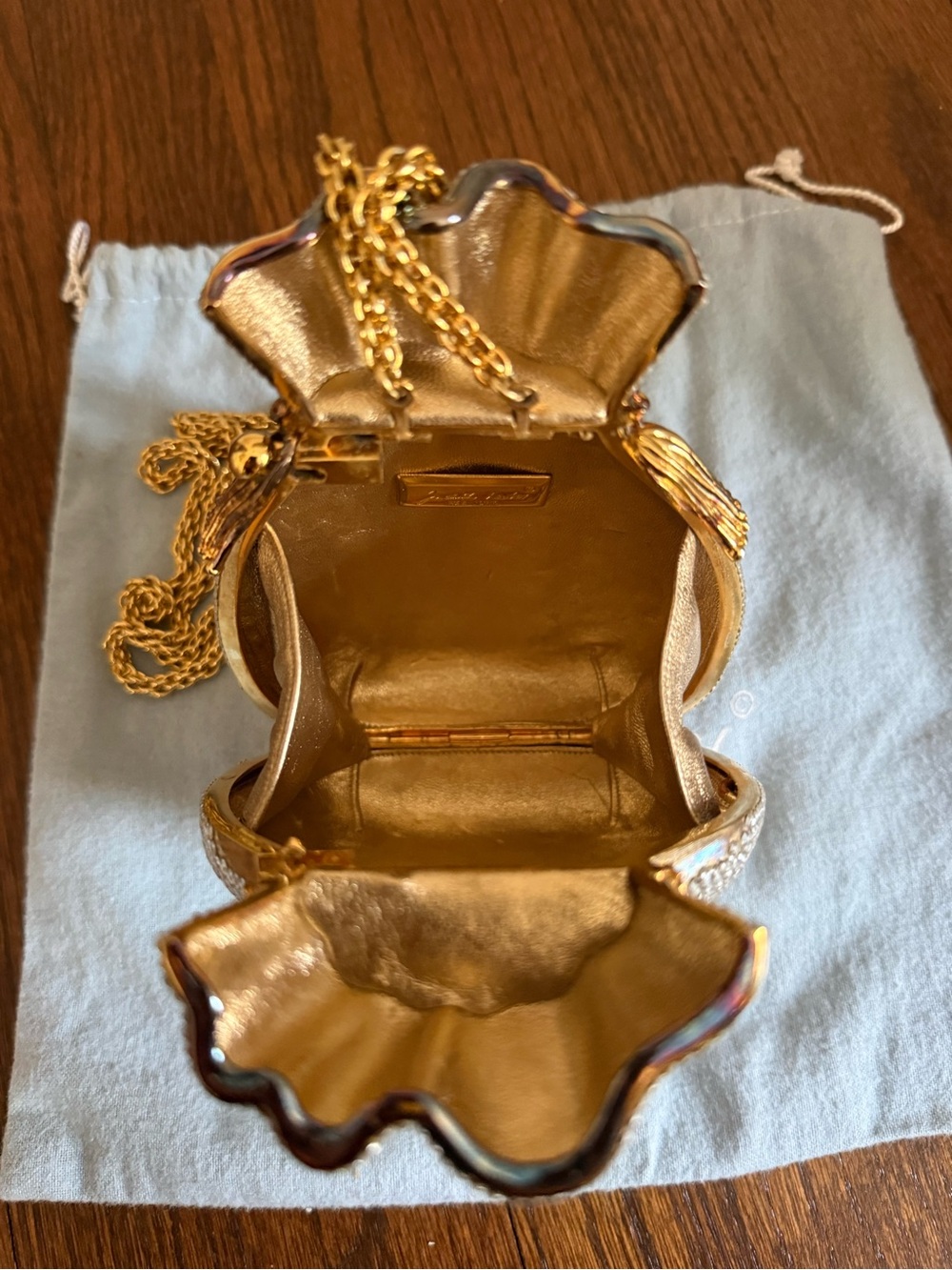 Judith Leiber Silver Crystal Drawstring Minaudière with Gold Chain Strap - Picture 3 of 8